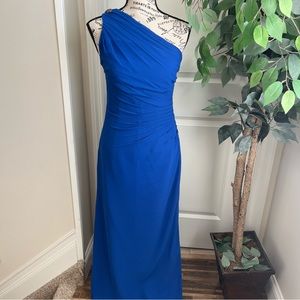 Bill Levkoff One Shoulder Shirred Side Slit Gown Dress Royal Blue Sz 2